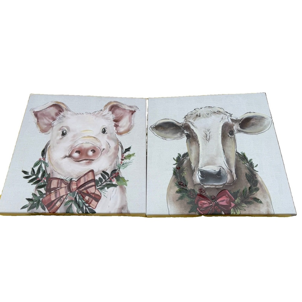 Christmas Pig Cow Wall Art Set of 2 Rustic Farmhouse Plaid Bow Wreath Holiday